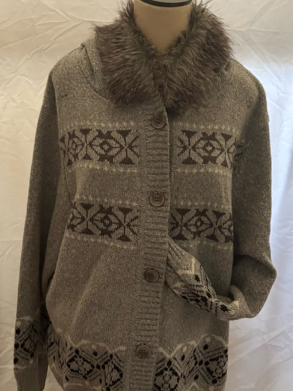 Cozy Taupe Knit Cardigan with Faux Fur Collar